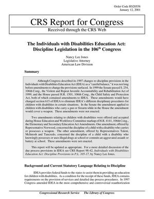 Primary view of object titled 'The Individuals with Disabilities Education Act: Discipline Legislation in the 106th Congress'.