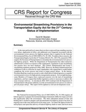Primary view of object titled 'Environmental Streamlining Provisions in the Transportation Equity Act for the 21st Century: Status of Implementation'.