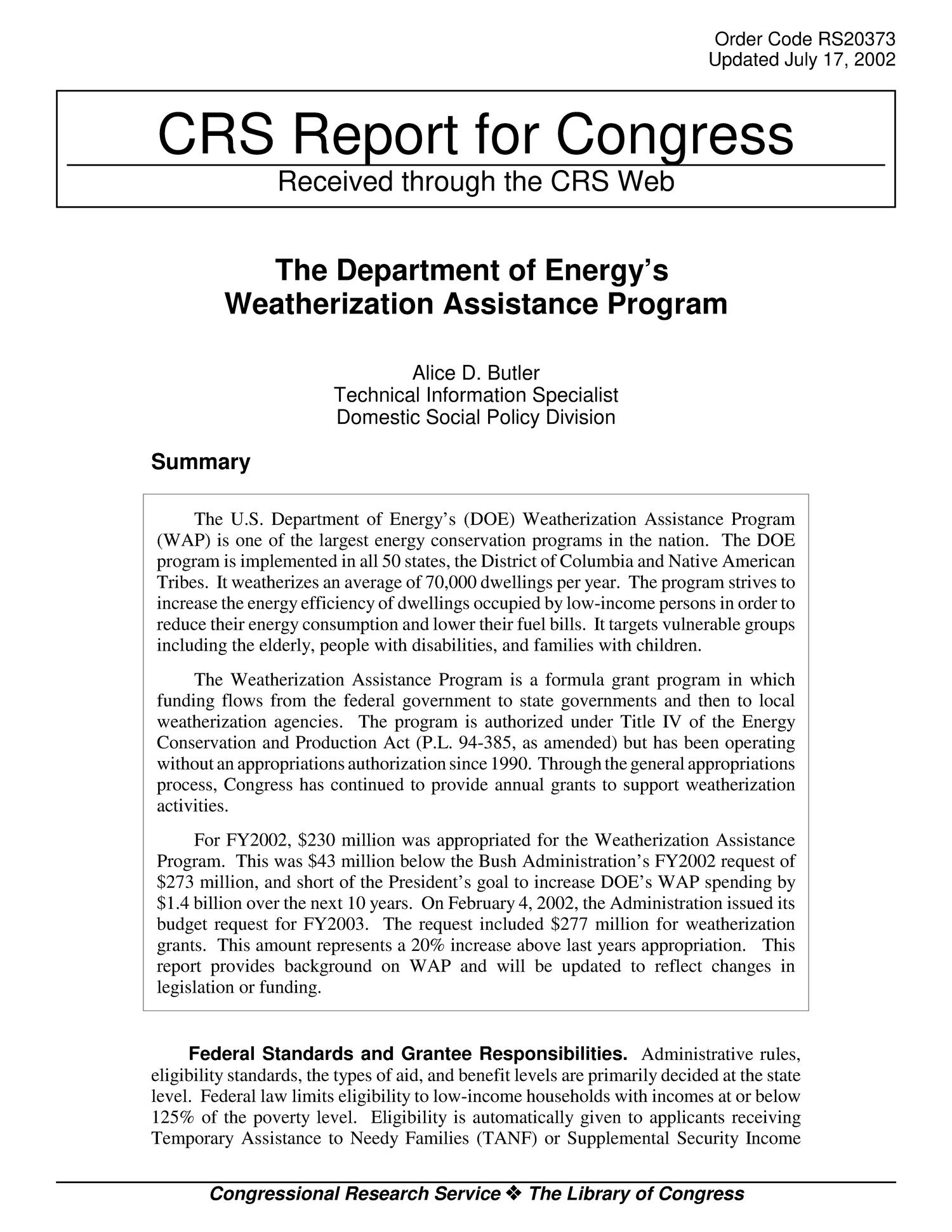 The Department of Energy's Weatherization Assistance Program
                                                
                                                    [Sequence #]: 1 of 3
                                                