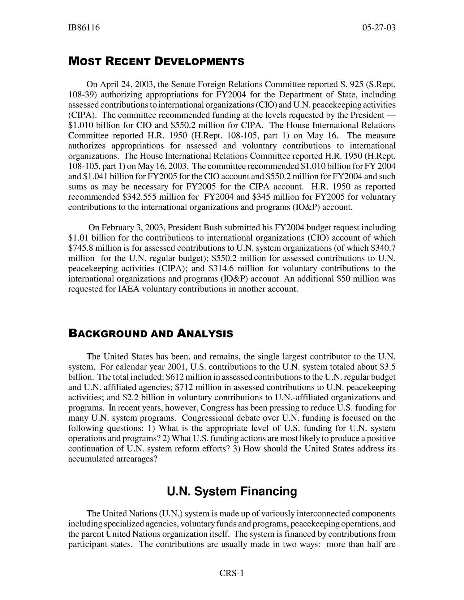 U.N. System Funding: Congressional Issues
                                                
                                                    [Sequence #]: 4 of 18
                                                