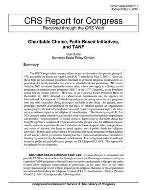 Primary view of object titled 'Charitable Choice, Faith-Based Initiatives, and TANF'.
