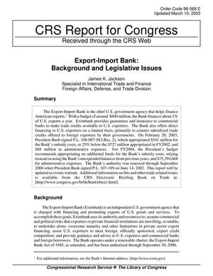 Primary view of object titled 'Export-Import Bank: Background and Legislative Issues'.