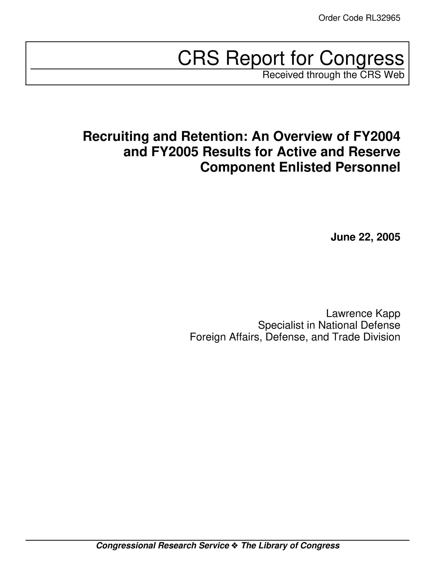 Recruiting and Retention: An Overview of FY2004 and FY2005 Results for Active and Reserve Component Enlisted Personnel
                                                
                                                    [Sequence #]: 1 of 16
                                                