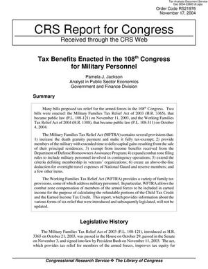 Primary view of object titled 'Tax Benefits Enacted in the 108th Congress for Military Personnel'.