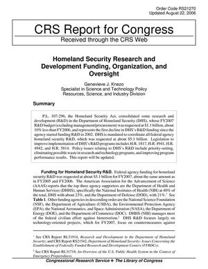 Primary view of object titled 'Homeland Security Research and Development Funding, Organization, and Oversight'.