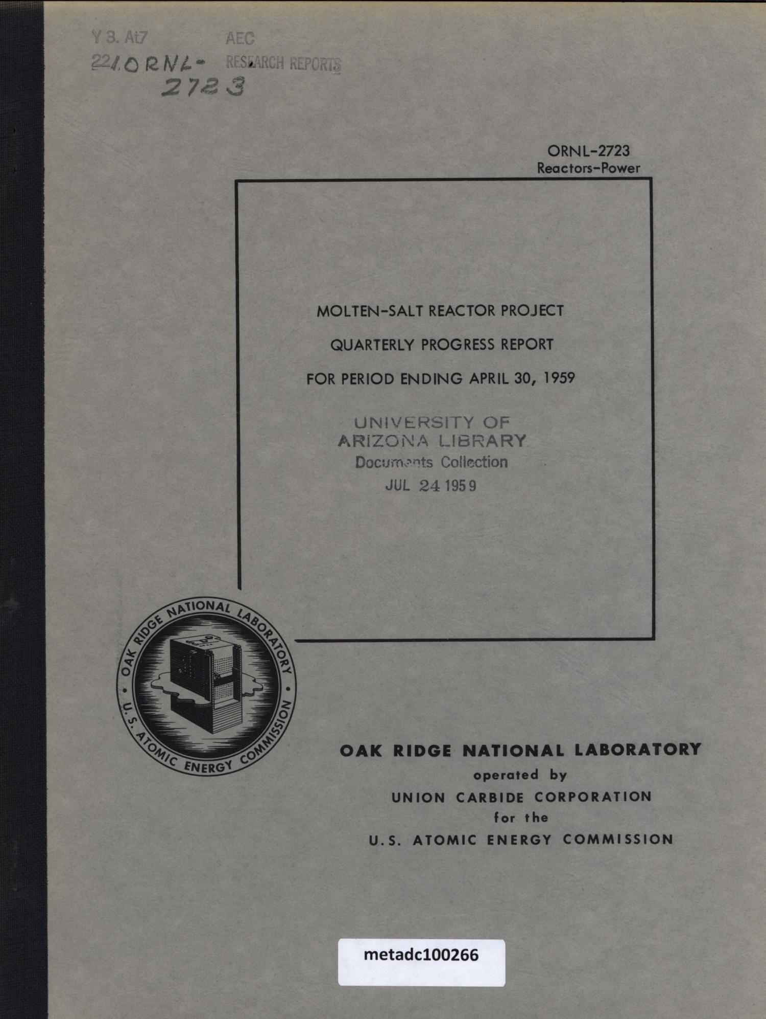 Molten-Salt Reactor Program Quarterly Progress Report: April 1959
                                                
                                                    Front Cover
                                                