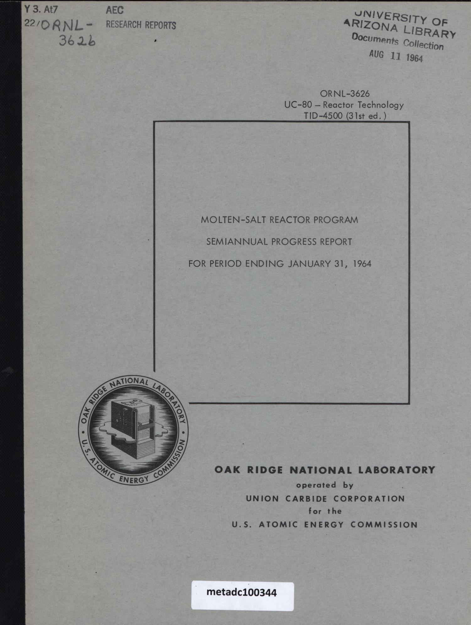 Molten-Salt Reactor Program Semiannual Progress Report, January 31, 1964
                                                
                                                    Front Cover
                                                