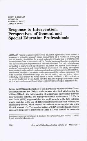 Primary view of object titled 'Response to Intervention: Perspectives of General and Special Education Professionals'.