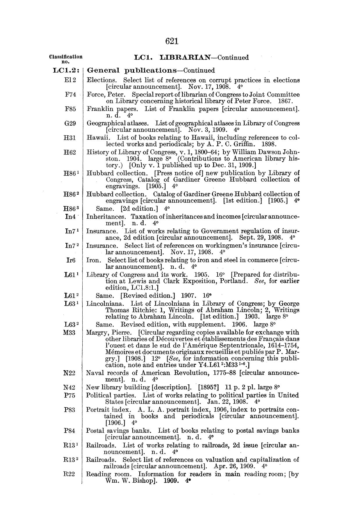 Checklist of United States Public Documents, 1789-1909, Third Edition Revised and Enlarged, Volume 1, Lists of Congressional and Departmental Publications
                                                
                                                    621
                                                