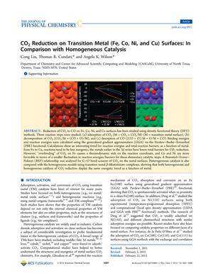 Primary view of object titled 'CO₂ Reduction on Transition Metal (Fe, Co, Ni, and Cu) Surfaces: In Comparison with Homogeneous Catalysis'.