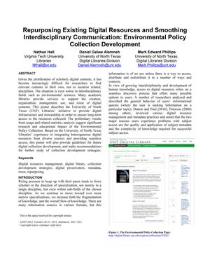 Primary view of object titled 'Repurposing Existing Digital Resources and Smoothing Interdisciplinary Communication: Environmental Policy Collection Development'.