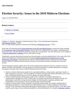 Primary view of object titled 'Election Security: Issues in the 2018 Midterm Elections'.