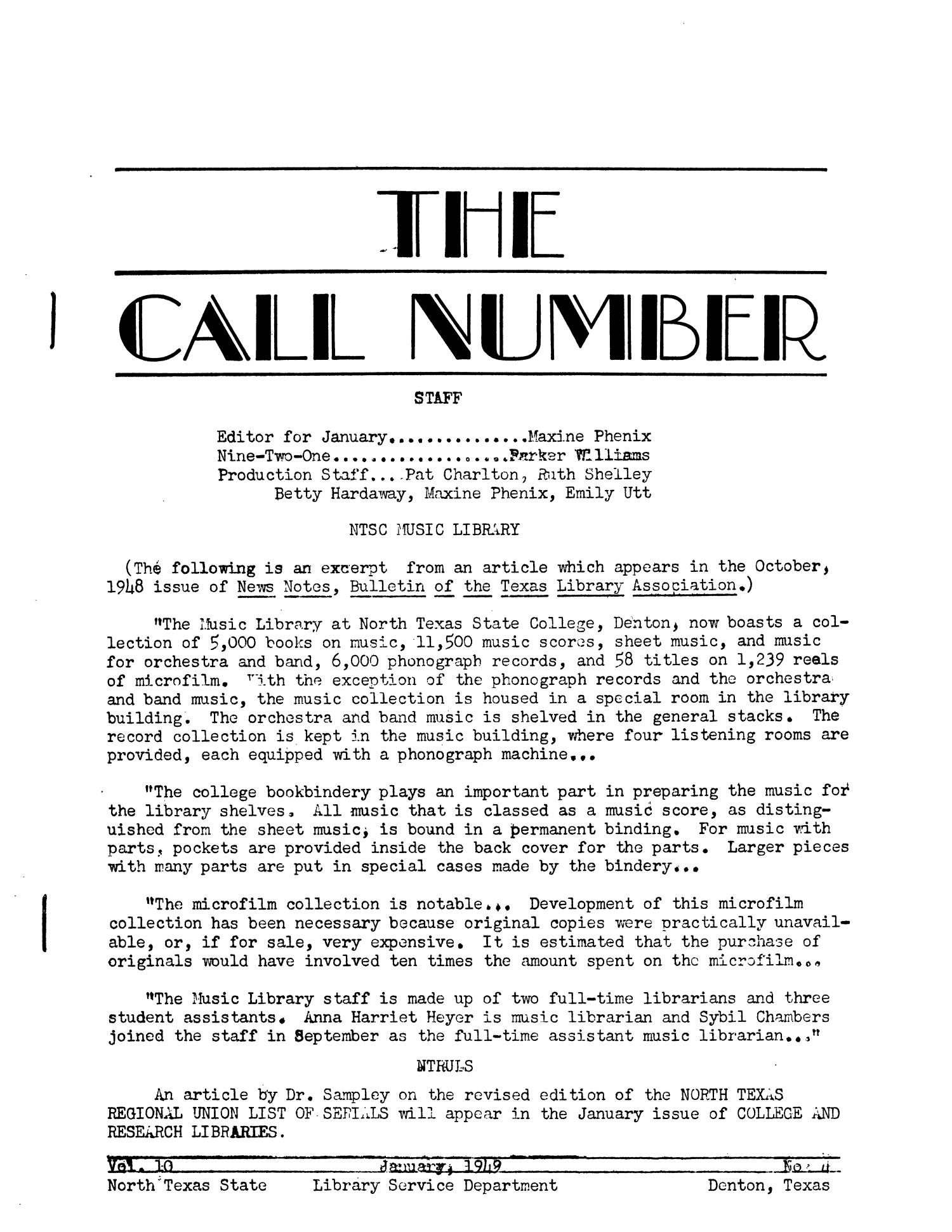 The Call Number, Volume 10, Number 4, January 1949
                                                
                                                    13
                                                