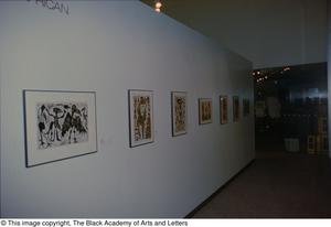 Primary view of object titled '[Photograph of an African gallery wall, featuring of seven art works]'.