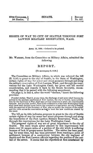 Primary view of object titled 'Rights of Way to City of Seattle Through Fort Lawton Military Reservation, Wash., Report'.