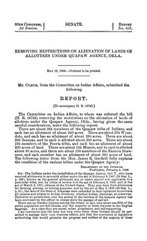Primary view of object titled 'Removing Restrictions on Alienation of Lands of Allottees Under Quapaw Agency, Okla., Report'.