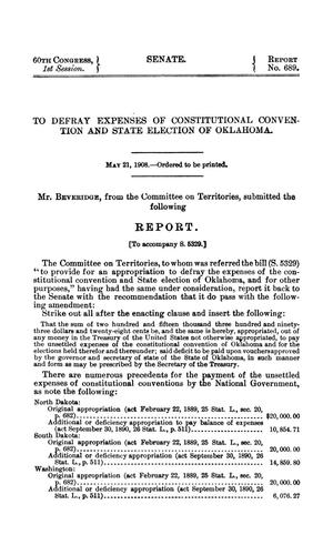 Primary view of object titled 'To Defray Expenses of Constructional Convention and State Election of Oklahoma, Report'.