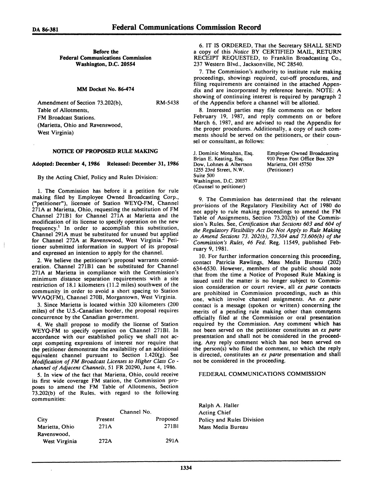 FCC Record, Volume 1, No. 7, Pages 1267 to 1368, December 22, 1986 - January 2, 1987
                                                
                                                    1334
                                                