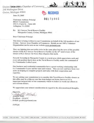 Primary view of object titled 'Letter from Gwinn-Sawyer Area Chamber of Commerce (Michigan) to Chairman dtd 15JUN05'.