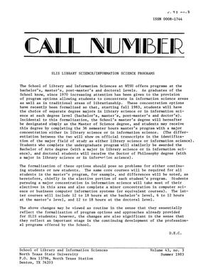 Primary view of object titled 'The Call Number, Volume 43, Number 3, Summer 1983'.