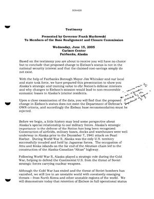 Primary view of object titled 'Community Input from Regional Hearing at the Carlson Center Fairbanks,Alaska submitted to the BRAC Commission'.
