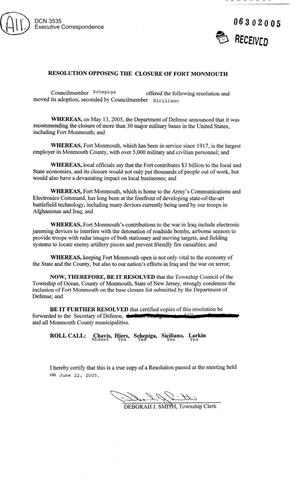 Primary view of object titled 'Executive Correspondence – Ocean Township NJ Resolution dtd 06/22/05'.