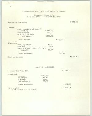Primary view of object titled '[LGPC financial report, June 10 to August 10, 1987]'.