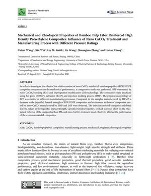 Primary view of object titled 'Mechanical and Rheological Properties of Bamboo Pulp Fiber Reinforced High Density Polyethylene Composites: Influence of Nano CaCO3 Treatment and Manufacturing Process with Different Pressure Ratings'.