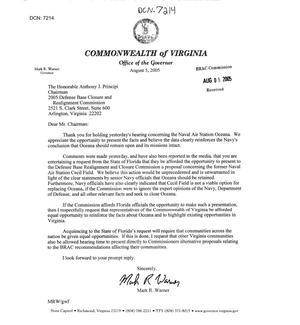 Primary view of object titled 'Letter from Virginia Governor Mark Warner to Chairman Principi dtd 5 August 2005'.