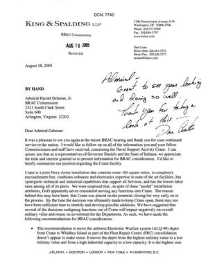 Primary view of object titled 'Letter from Dan Coats to Adm Gehman dtd 18 Aug 05'.