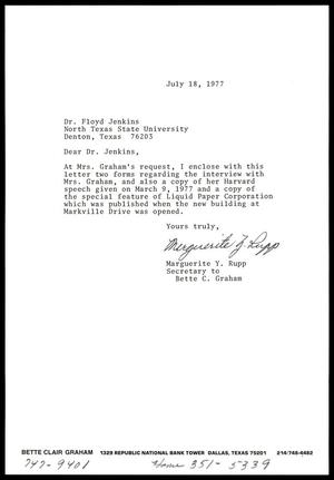 Primary view of object titled '[Letter to Dr. Floyd Jenkins from Marguerite Y. Rupp, July 18, 1977]'.