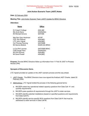 Primary view of object titled 'Joint Action Scenario Team (JAST) Notes Joint Action Scenario Team (JAST) Update for BRAC Directors Date: 25 February 2004'.