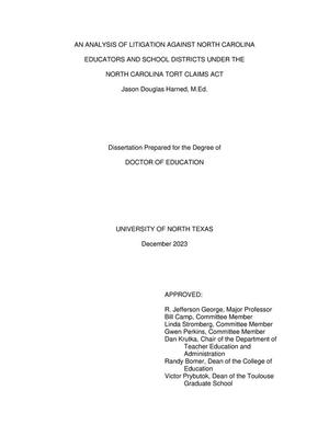 Primary view of object titled 'An Analysis of Litigation against North Carolina Educators and School Districts under the North Carolina Tort Claims Act'.
