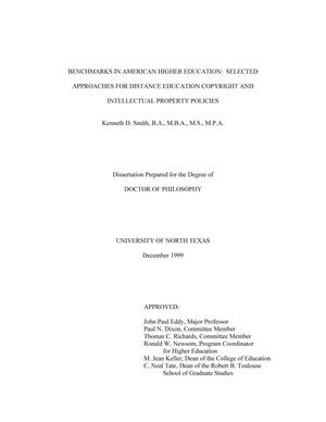 Primary view of object titled 'Benchmarks in American Higher Education: Selected Approaches for Distance Education Copyright and Intellectual Property Policies'.