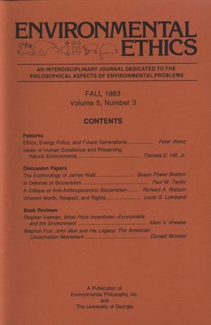 Primary view of object titled 'Environmental Ethics, Volume 5, Number 4, Winter 1983'.