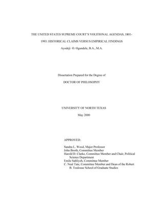 Primary view of object titled 'The United States Supreme Court's Volitional Agendas, 1801-1993: Historical Claims versus Empirical Findings'.