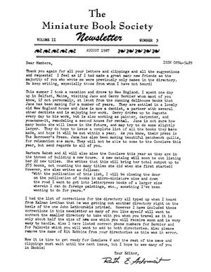Primary view of object titled 'Miniature Book Society Newsletter, Volume 2, Number 3, August 1987'.