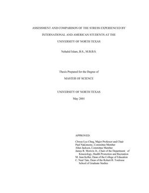 Primary view of object titled 'Assessment and Comparison of  the Stress Experienced by International and American Students at the University of North Texas'.