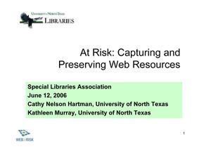 Primary view of object titled 'At Risk: Capturing and Preserving Web Resources'.