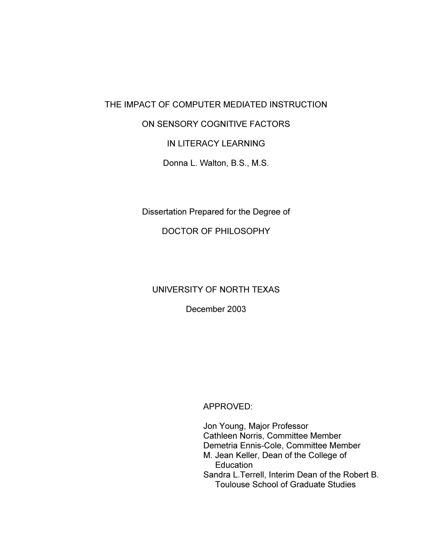 The impact of computer assisted instruction on sensory cognitive factors in literacy learning.
                                                
                                                    Title Page
                                                