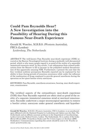 Primary view of object titled 'Could Pam Reynolds Hear? A New Investigation into the Possibility of Hearing During this Famous Near-Death Experience'.
