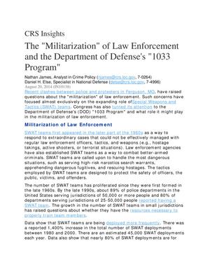 Primary view of object titled 'The "Militarization" of Law Enforcement and the Department of Defense's "1033 Program"'.