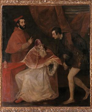 Primary view of object titled 'Portrait of Pope Paul III Farnese (r.1534-49) with his Grandsons'.