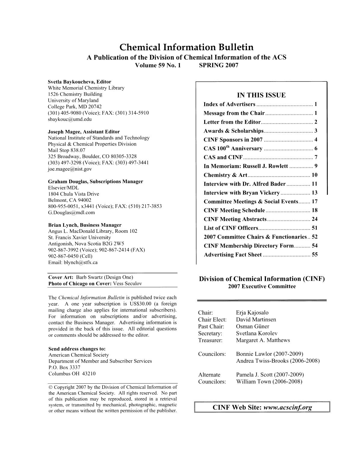 Chemical Information Bulletin, Volume 59, Number 1, Spring 2007
                                                
                                                    Front Inside
                                                