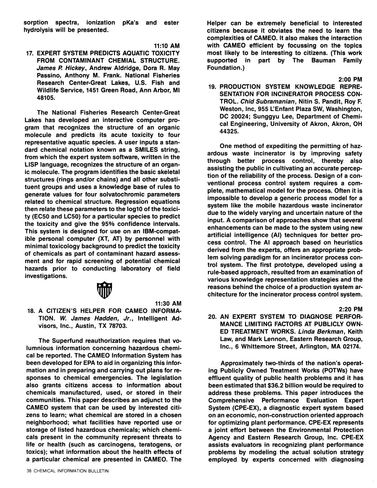 Chemical Information Bulletin, Volume 41, Number 2, Summer 1989
                                                
                                                    38
                                                