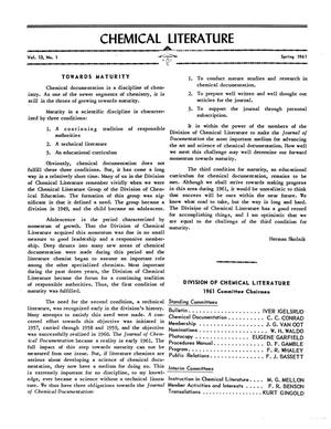 Primary view of object titled 'Chemical Literature, Volume 13, Number 1, Spring 1961'.
