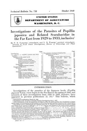 Primary view of object titled 'Investigations of the parasites of Popillia japonica and related scarabaeidae in the Far East from 1929 to 1933, inclusive.'.