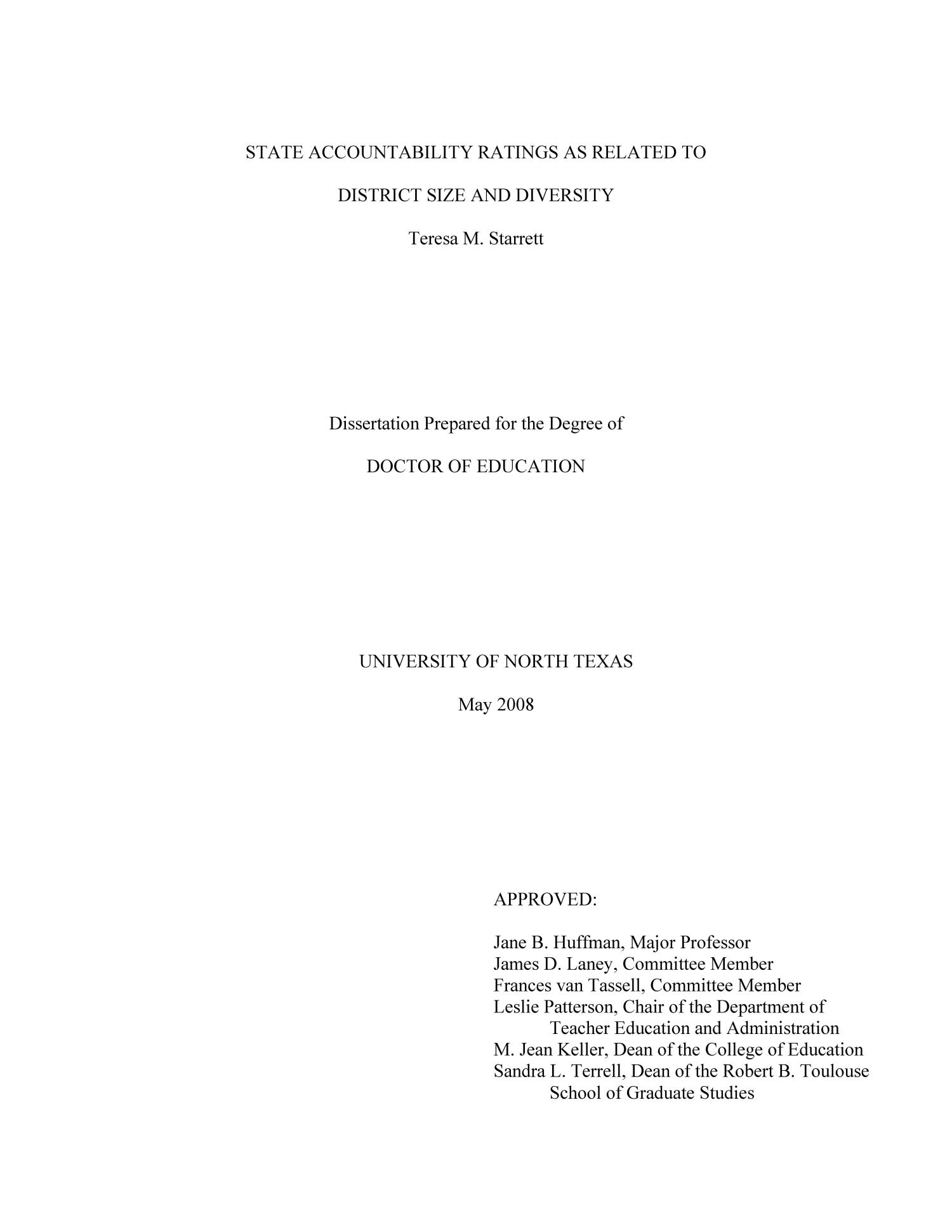 State accountability ratings as related to district size and diversity.
                                                
                                                    Title Page
                                                