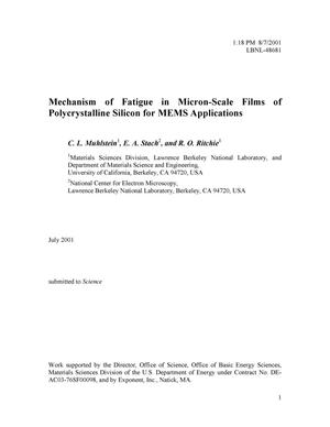 Primary view of object titled 'Mechanism of fatigue in micron-scale films of polycrystalline silicon for microelectromechanical applications'.