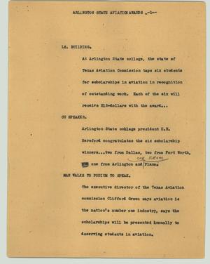 Primary view of object titled '[News Script: Arlington State aviation awards]'.